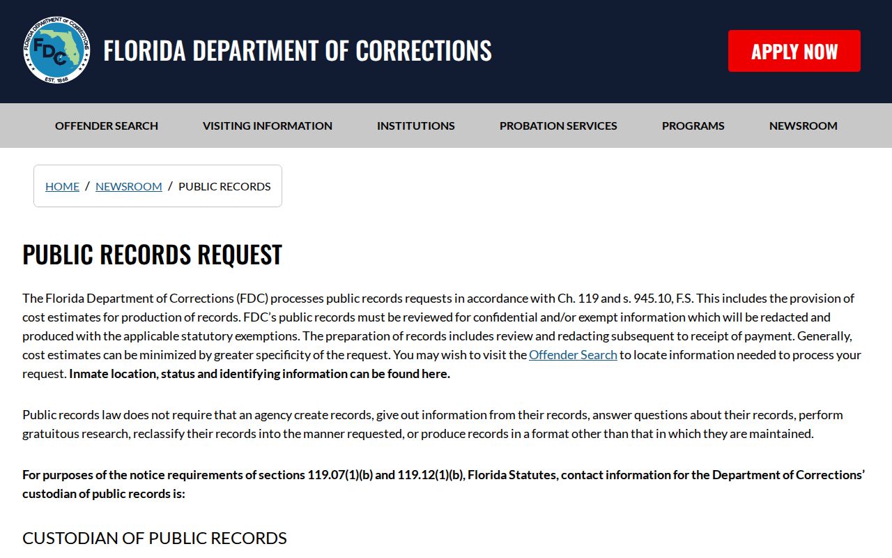 Florida Department of Corrections release record request for Clay County