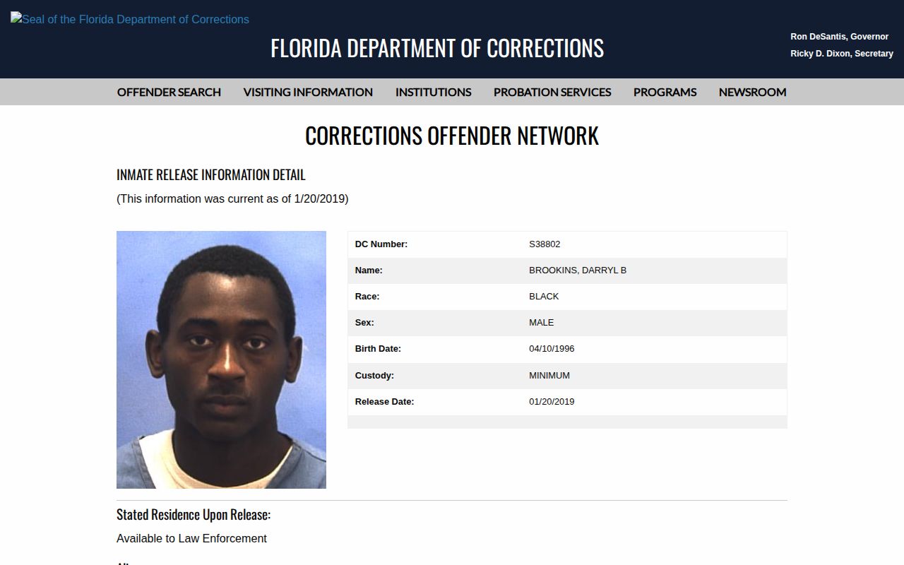 Florida Department of Corrections released offender record with photograph and release fields