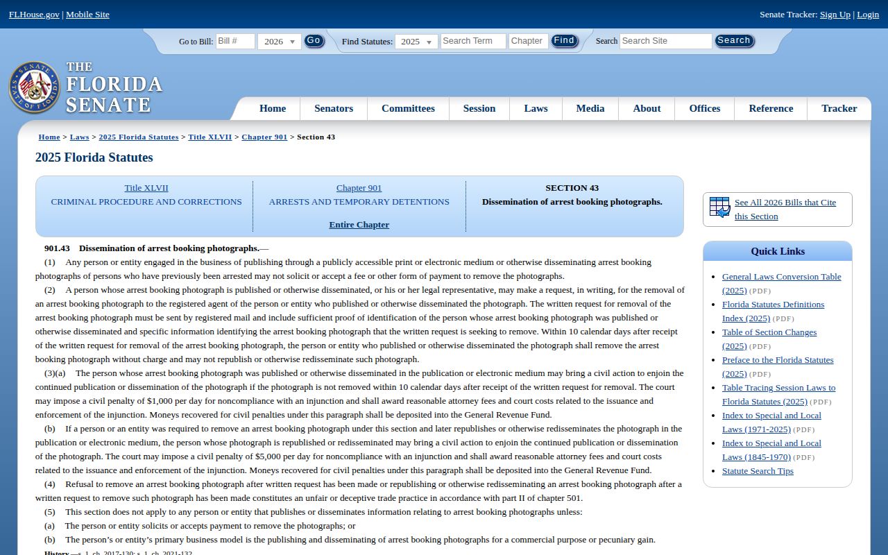 Florida Statutes section 901.43 on commercial booking photograph removal practices